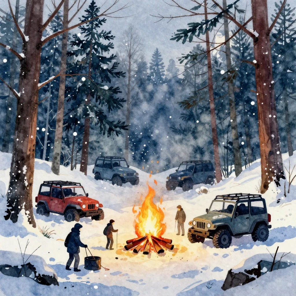 A vibrant watercolor illustration showing a small campfire b...