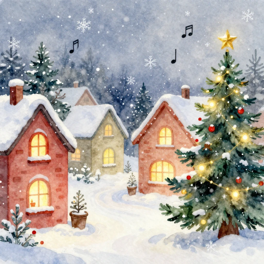 A whimsical watercolor painting depicting a festive winter s...