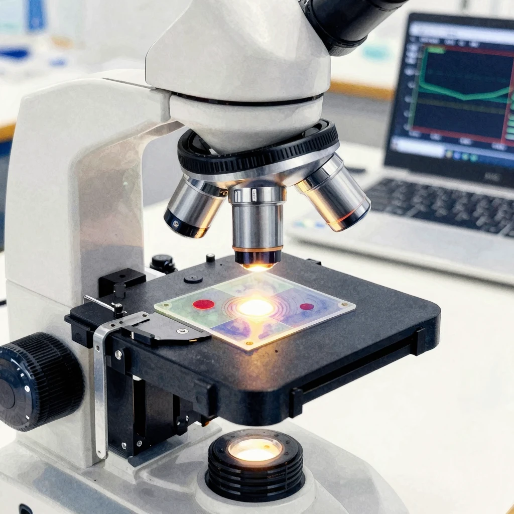 Watercolor style close up of an electronic microscope with g...