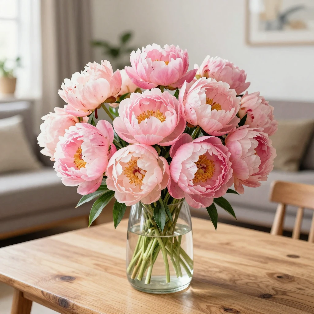 Watercolor style. A large bouquet of pink peonies on a woode...