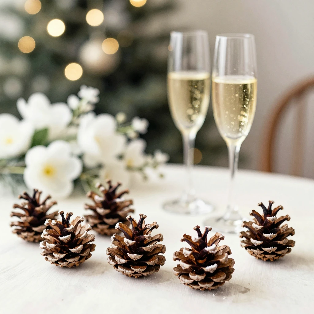 Watercolor style pinecones with frost, scattered on table wi...