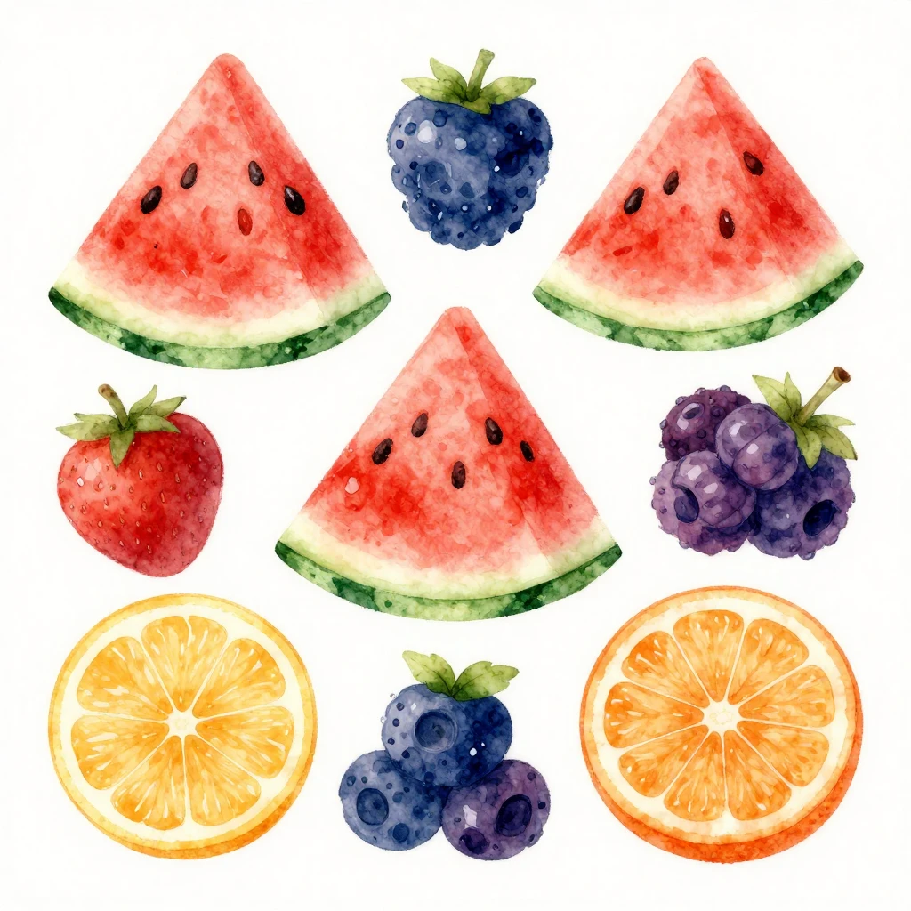 A vibrant watercolor painting of various refreshing summer f...