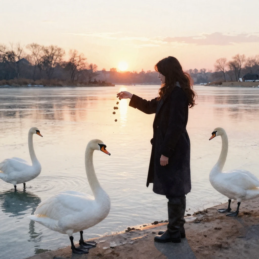 A silhouette of a woman gently tossing food to several elega...