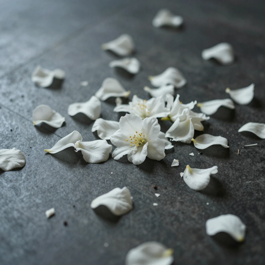 White flower petals scattered on a dark floor, soft, diffuse...
