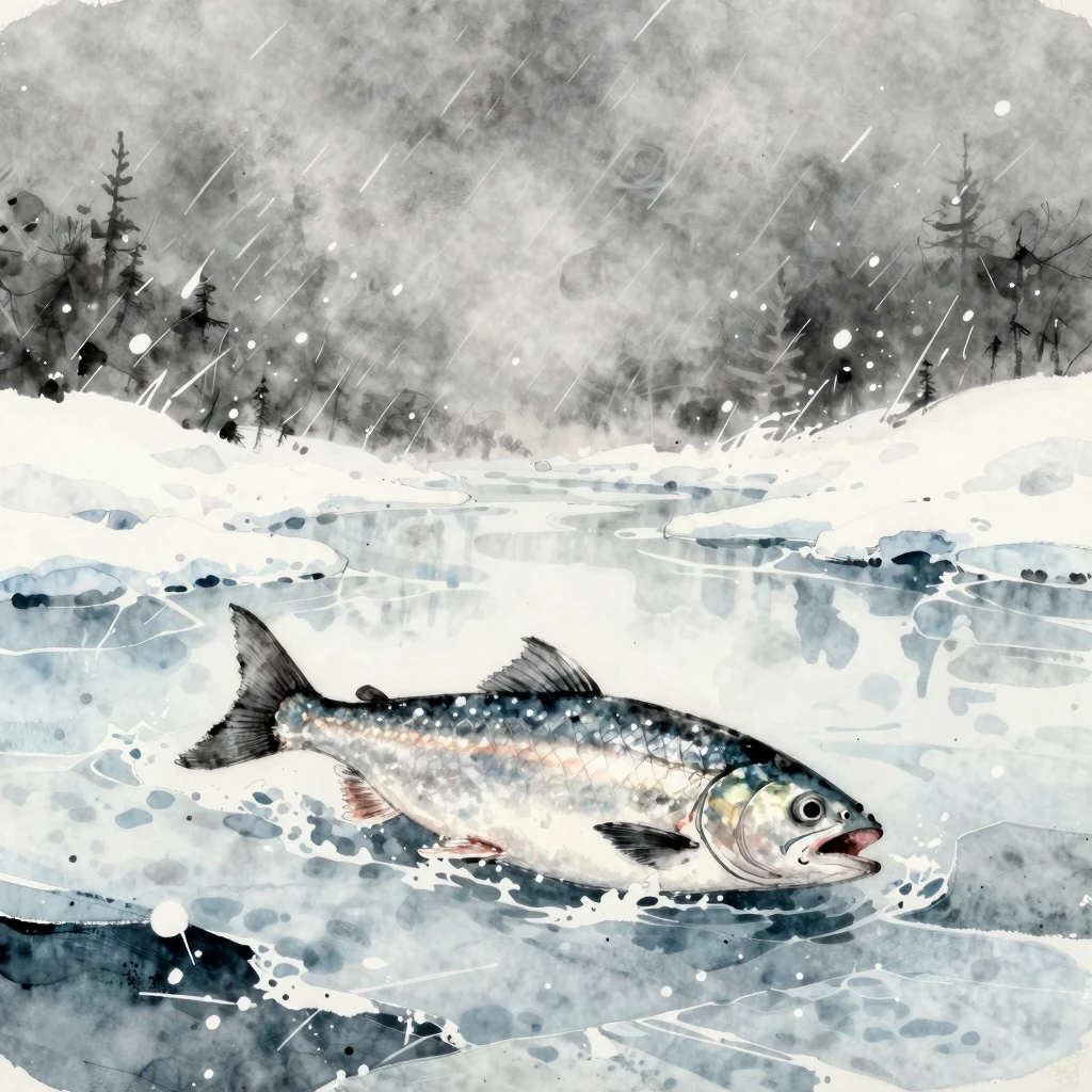 A dramatic watercolor and ink illustration of a silver fish ...