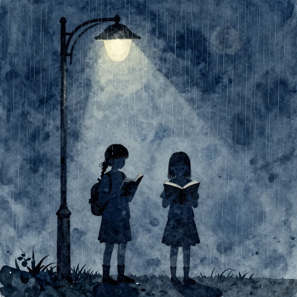 Watercolor painting of two young girls holding books, depict...