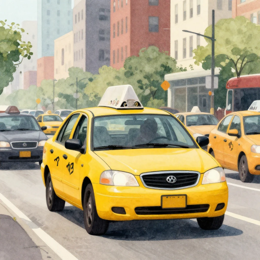 A vibrant watercolor illustration of a yellow taxi driving t...