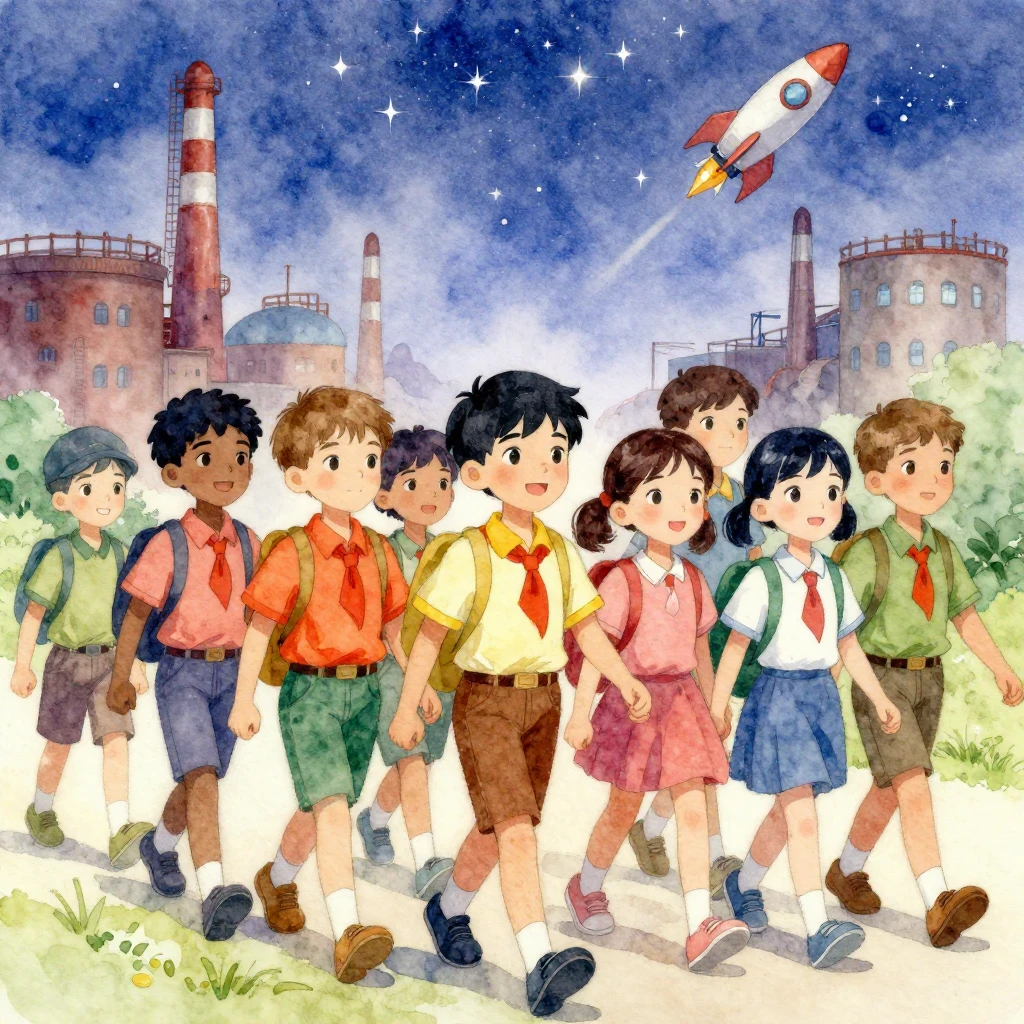 A group of diverse young pioneers, boys and girls, marching ...