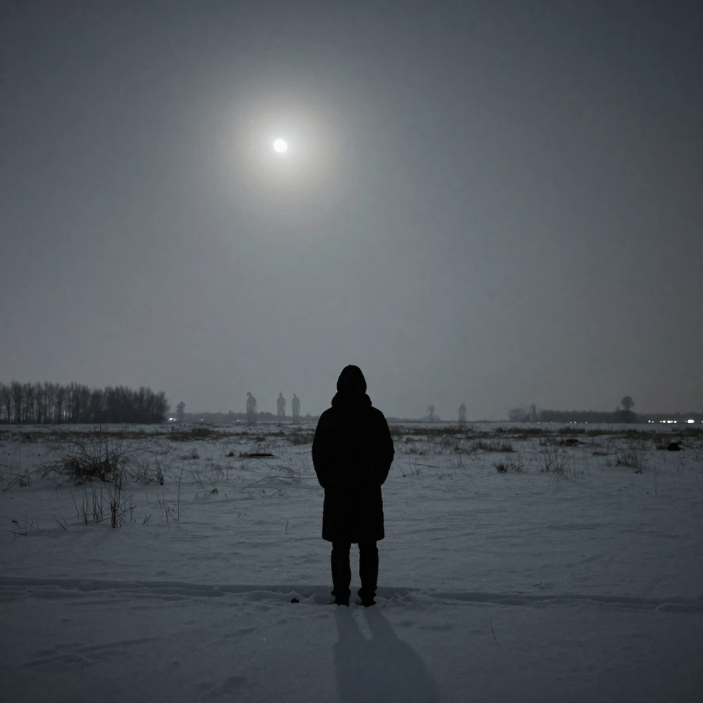A lone, silhouetted figure stands in a desolate, snow-covere...