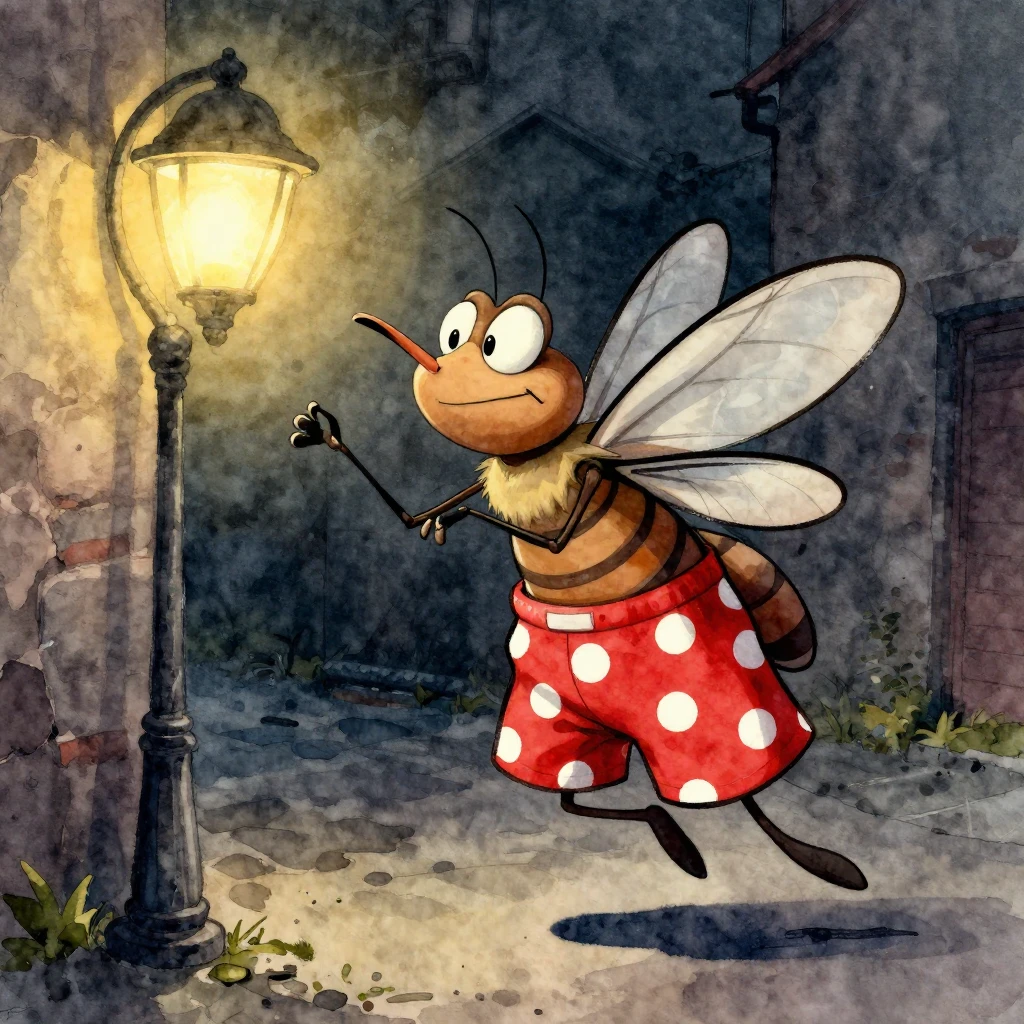 A cartoon mosquito wearing oversized polka-dot boxer shorts,...