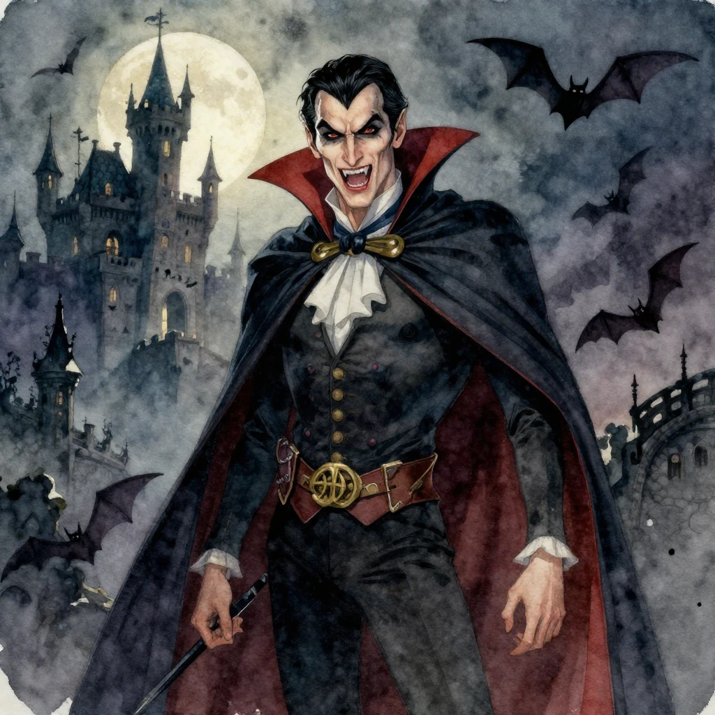 A dramatic watercolor illustration of a vampire in a classic...