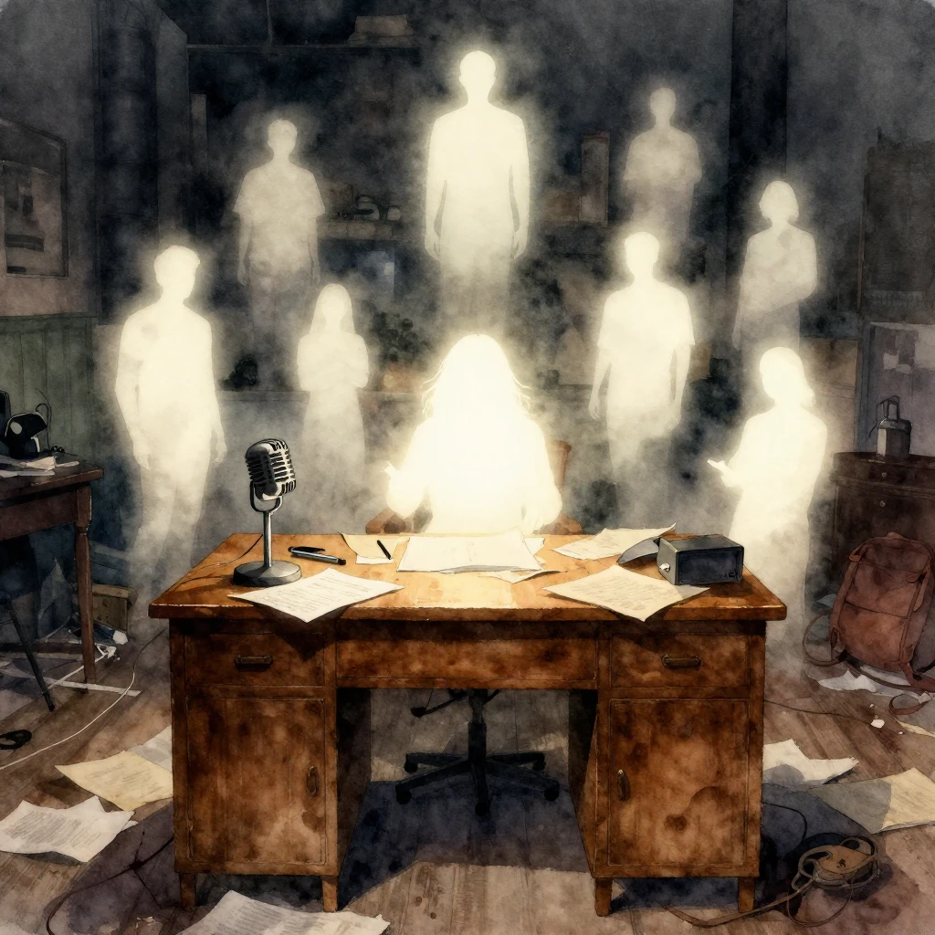 Watercolor style. A dimly lit, messy writer's room with a vi...