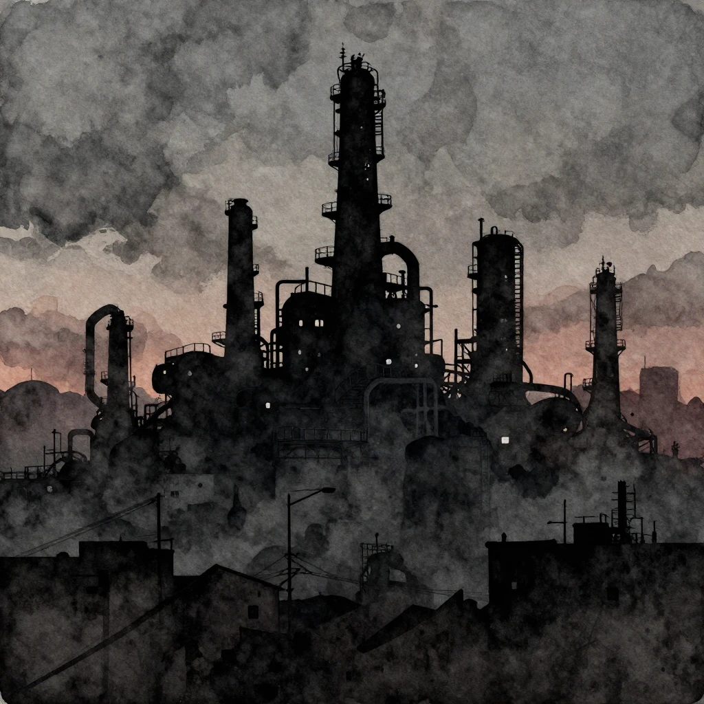 A dark, monolithic silhouette of an industrial cityscape at ...