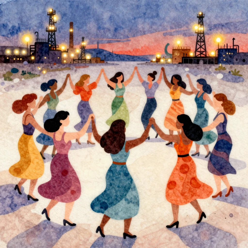 A vibrant watercolor painting of women dancing in a joyful c...