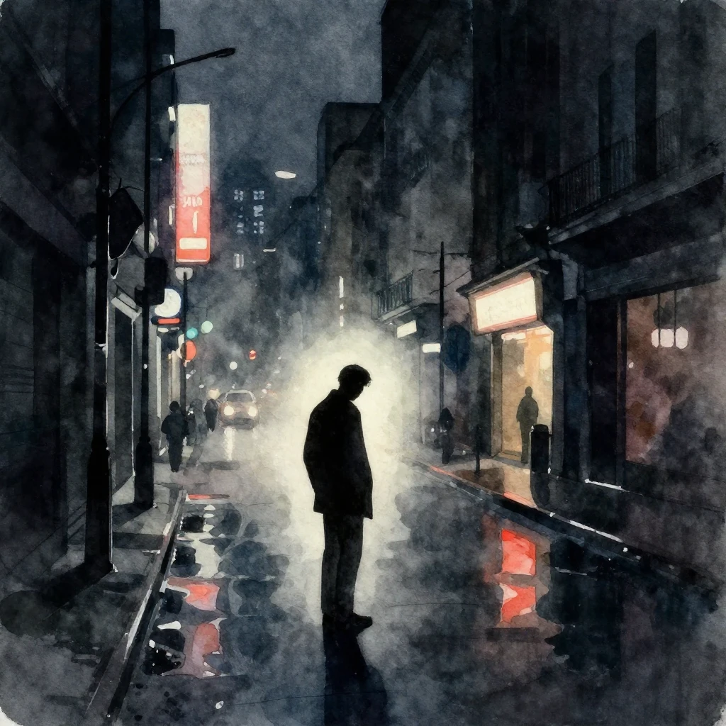 Abstract dark city streets in watercolor style, with a glowi...