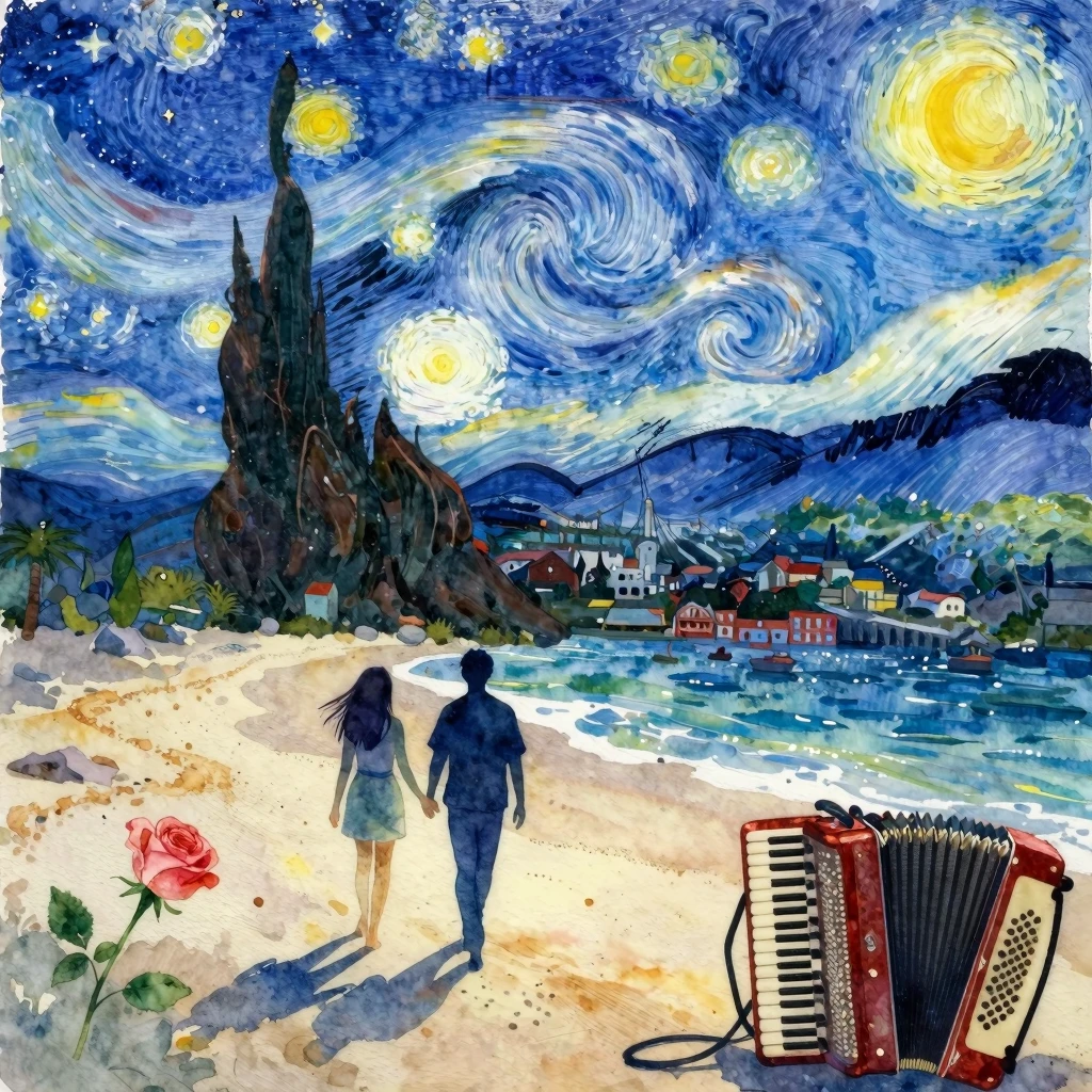 Vibrant watercolor painting of a starry night over a charmin...