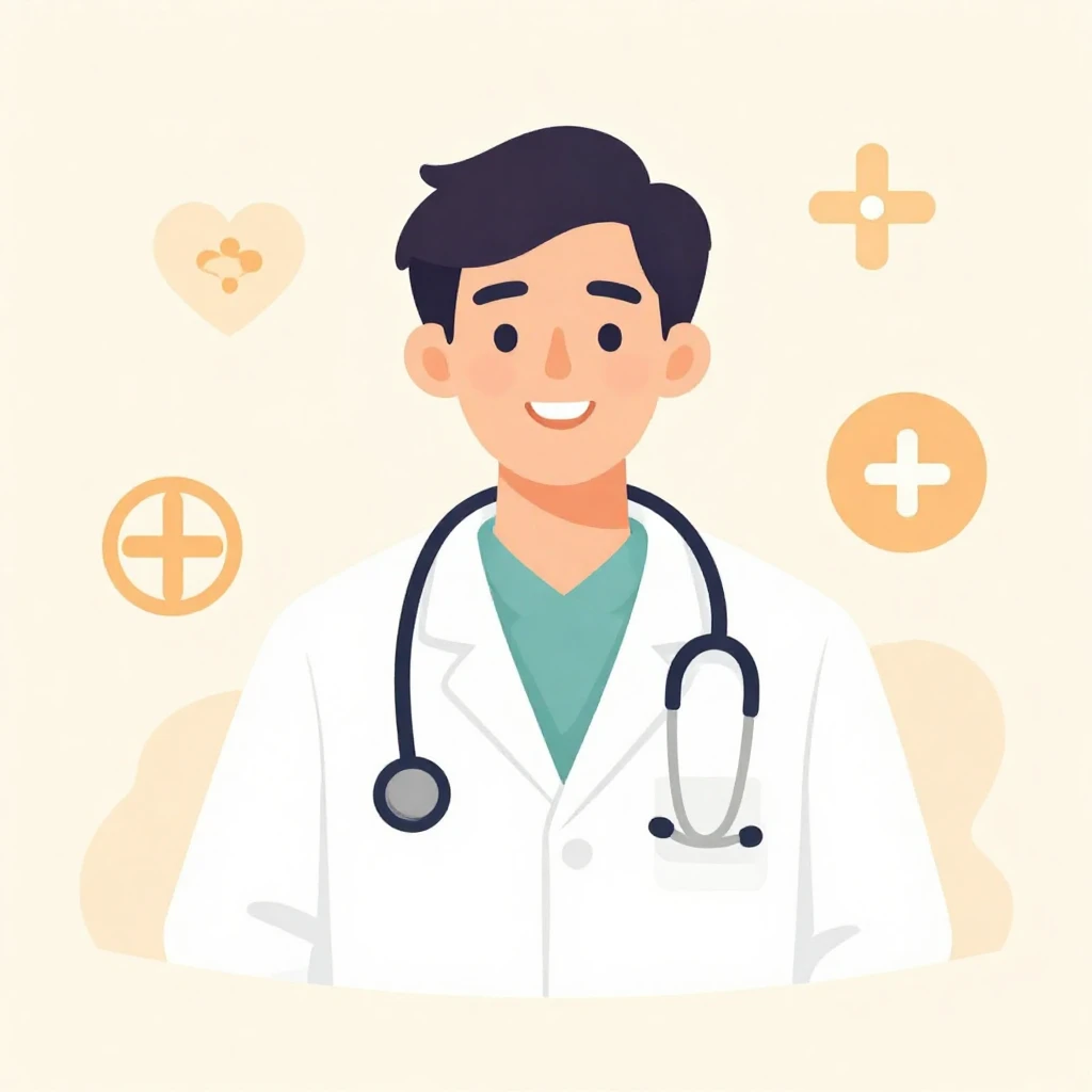 An illustrative image of a kind doctor smiling, surrounded b...