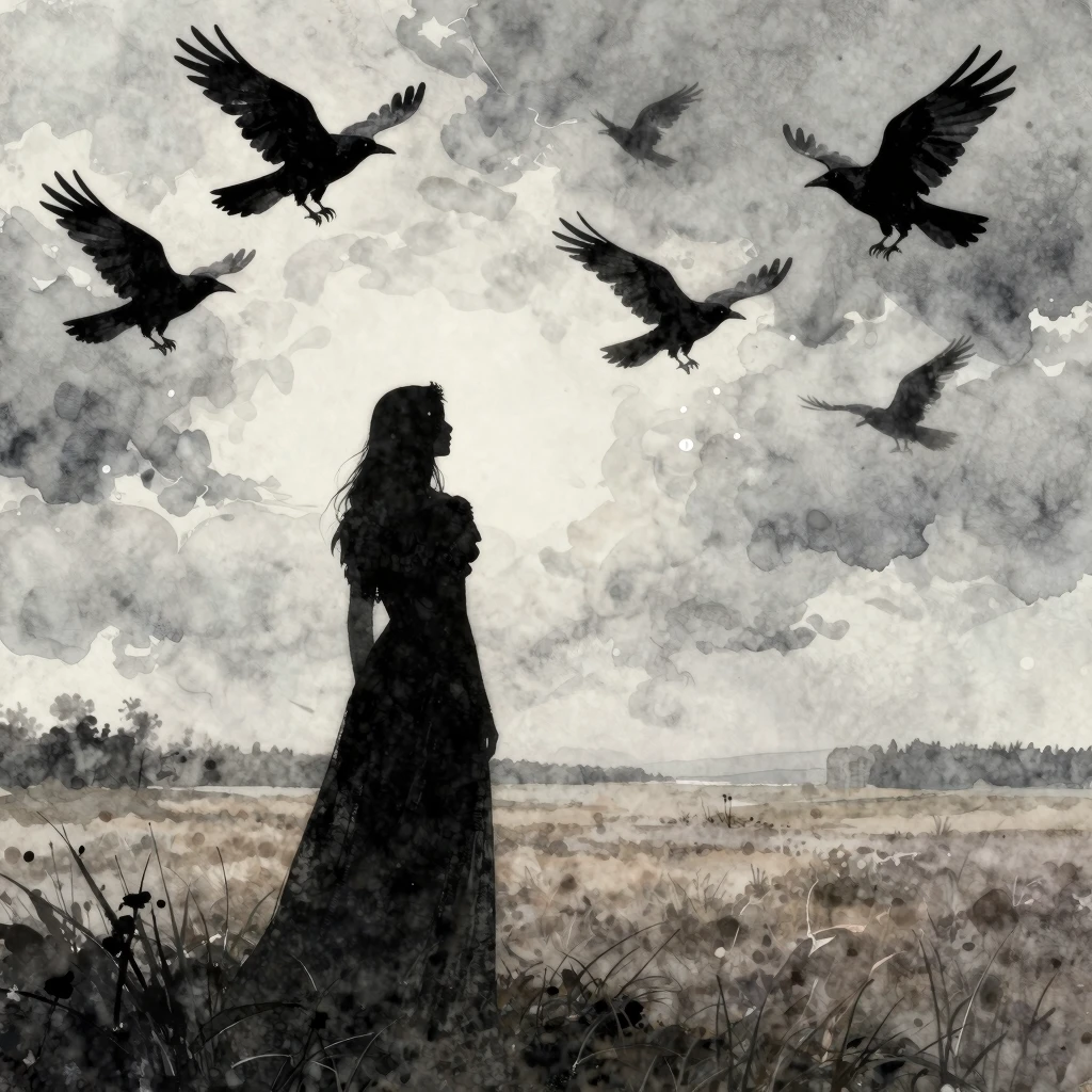 A lone princess silhouette in a high tower, gazing at a vast...