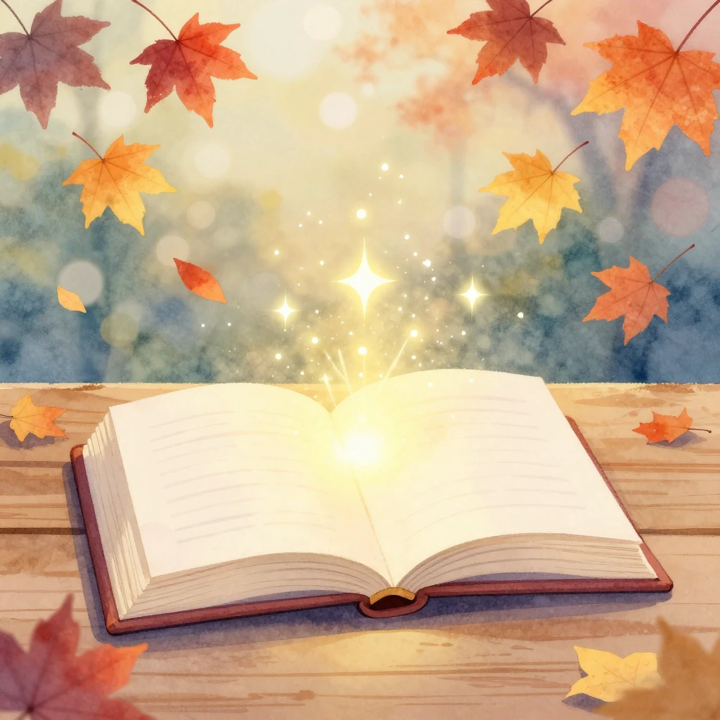 Watercolor style illustration of an open book on a wooden ta...