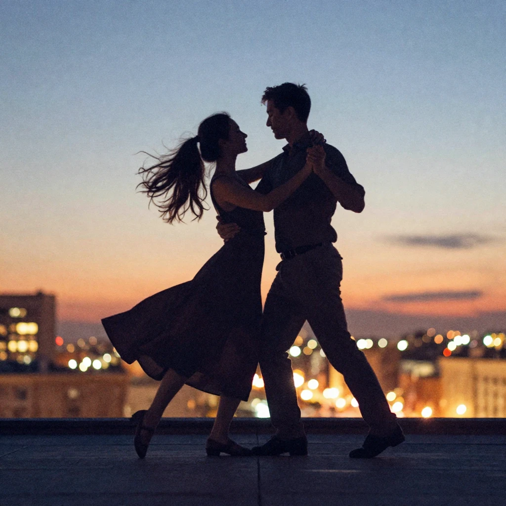 A silhouette of a couple gracefully dancing on a rooftop at ...