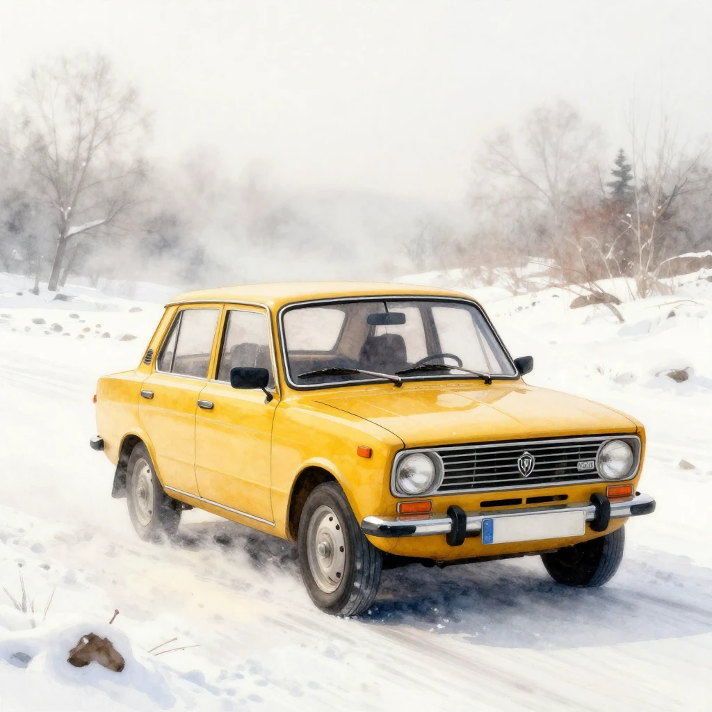 A vibrant watercolor painting of a classic Lada Zhiguli car,...
