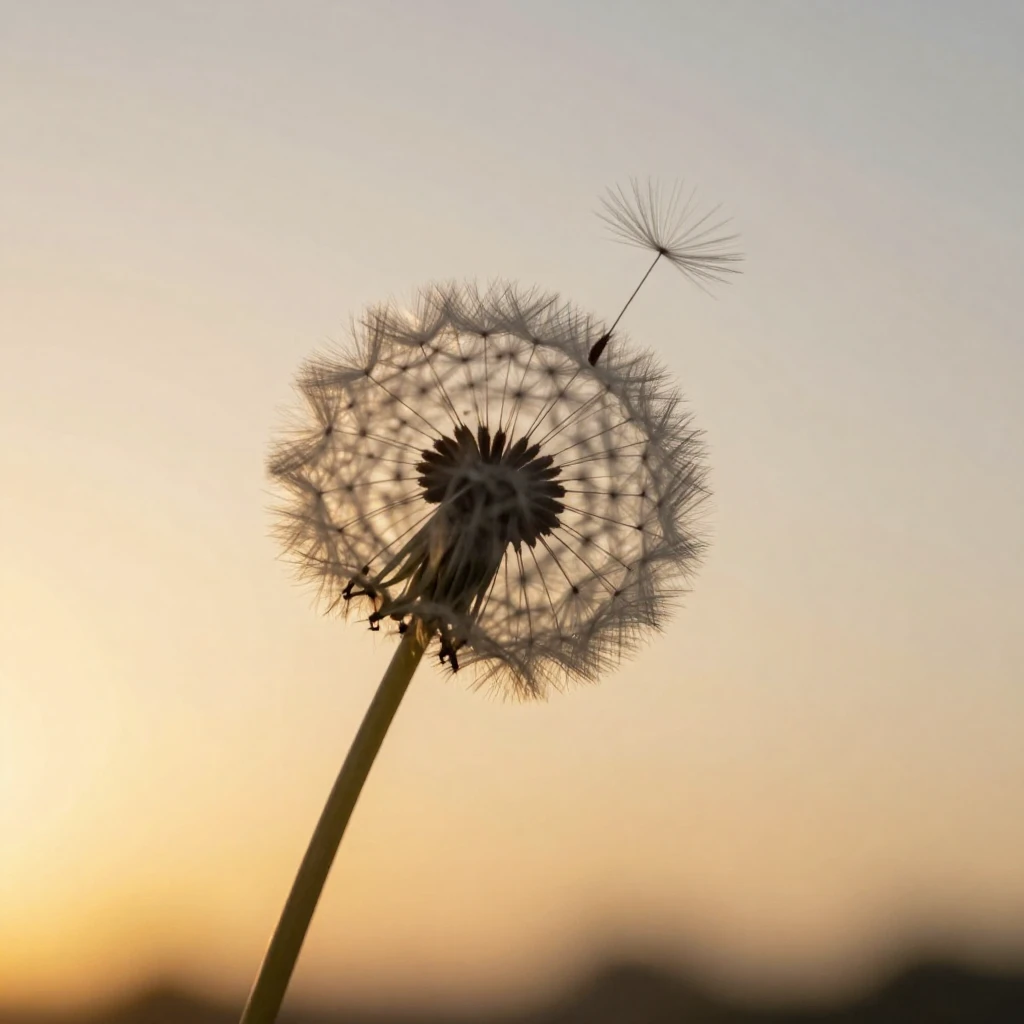 A single, delicate dandelion seed floating gracefully in the...