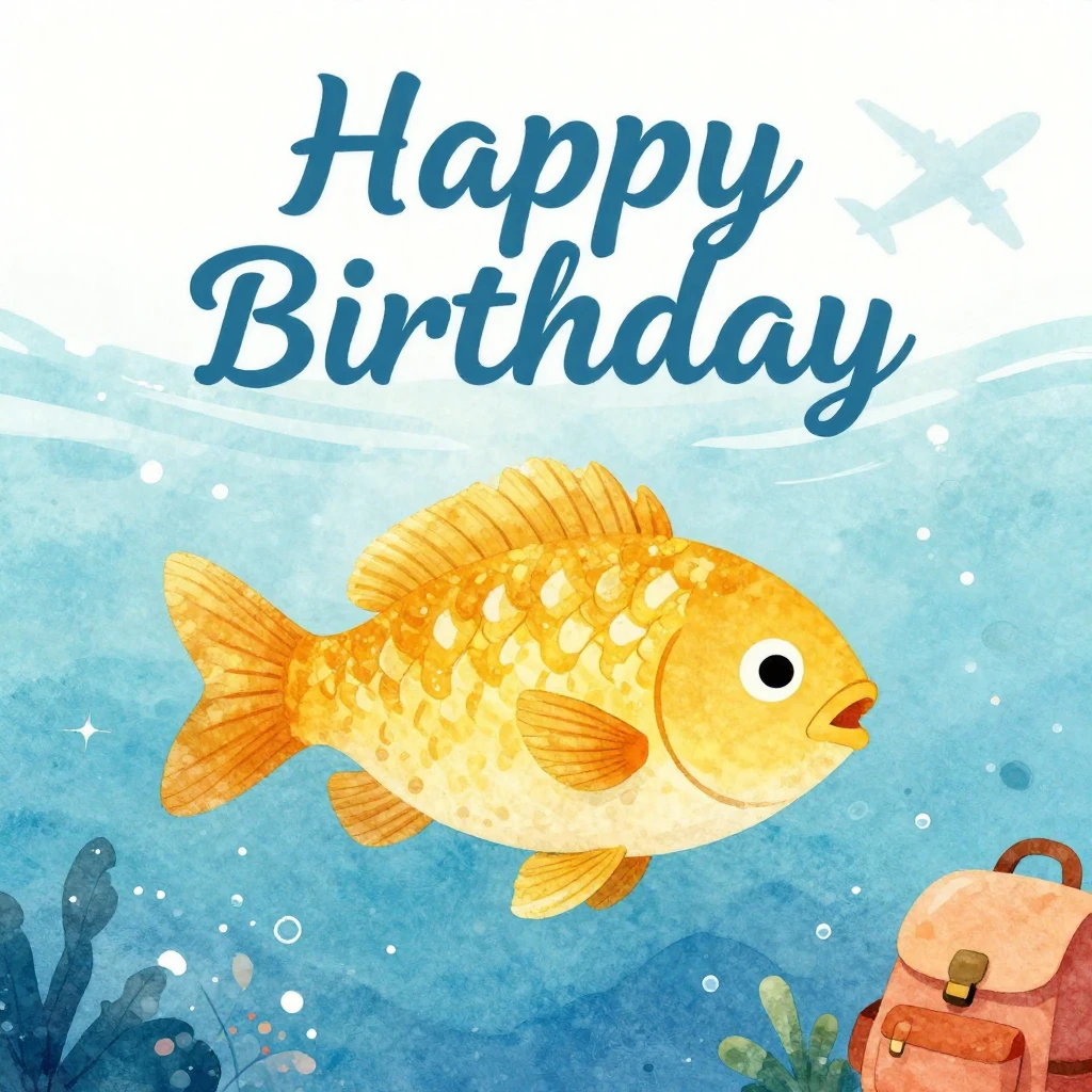 A vibrant watercolor illustration for a birthday. A golden f...