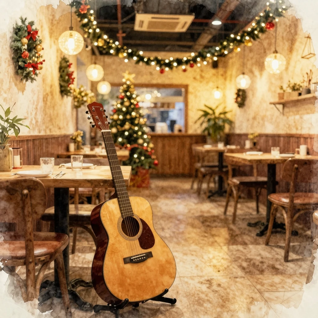 Watercolor style. A warm, golden-lit restaurant hall with fe...