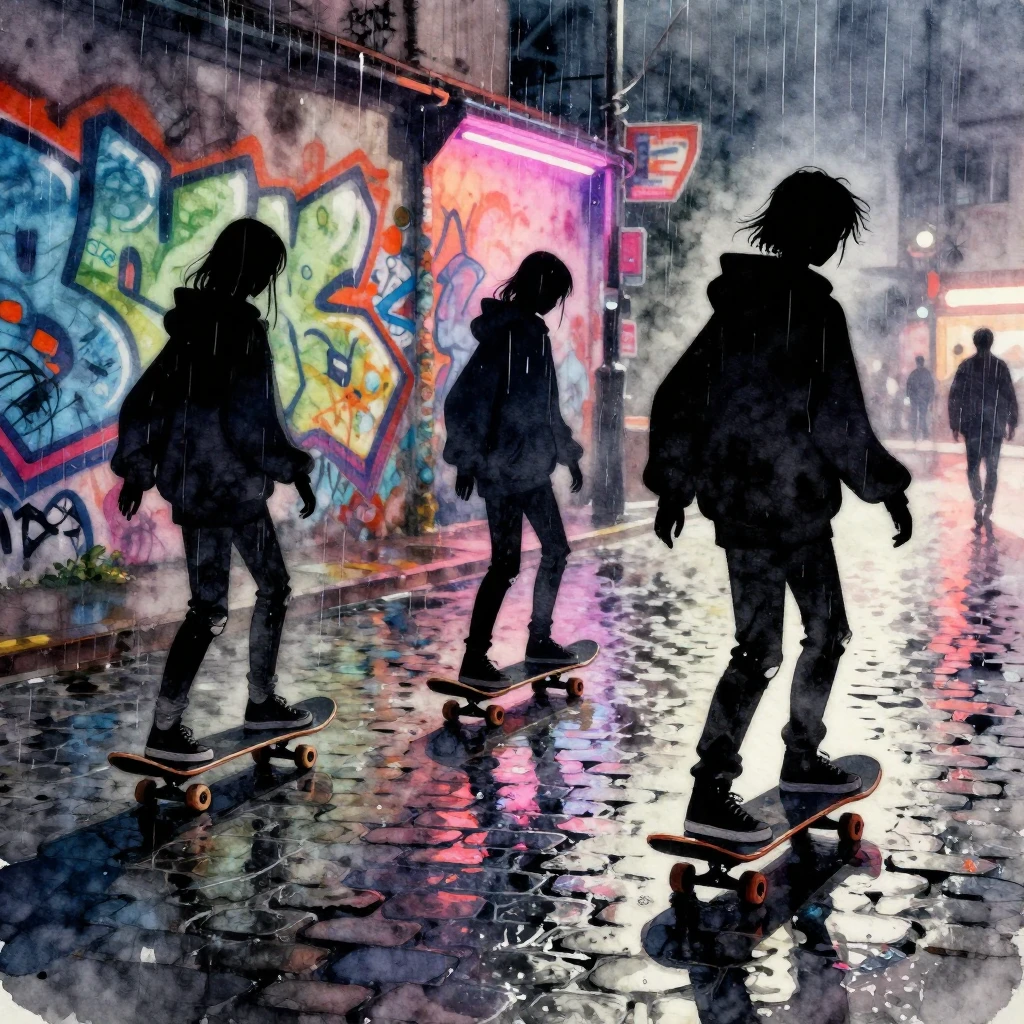 Watercolor style. Silhouettes of teenagers in oversized hood...