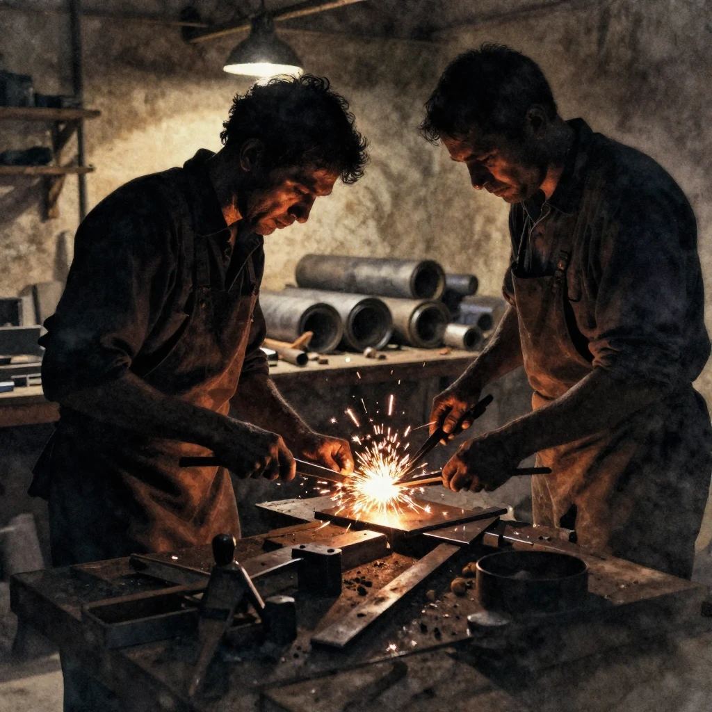 A watercolor painting of a dimly lit vintage workshop, silho...
