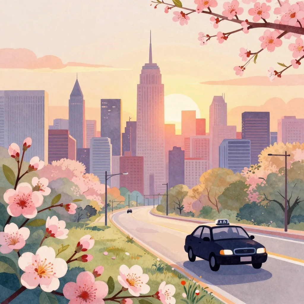 Watercolor painting of a city skyline during a spring sunset...