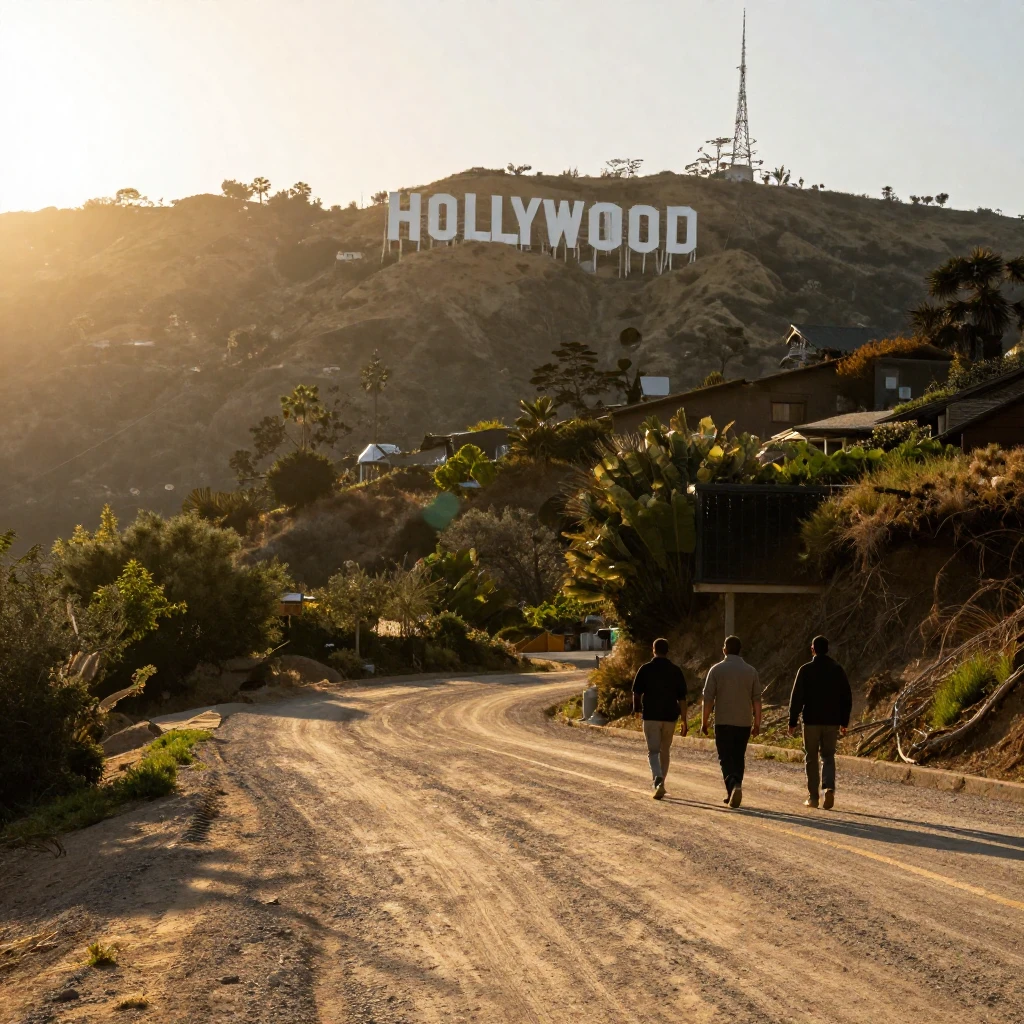 A scenic view of the Hollywood Hills in the background, with...