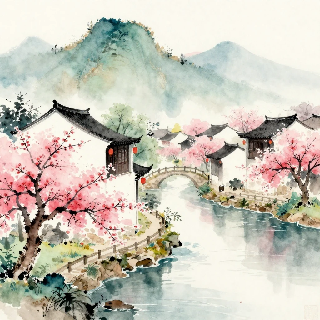 A watercolor painting depicting a classical Far East landsca...