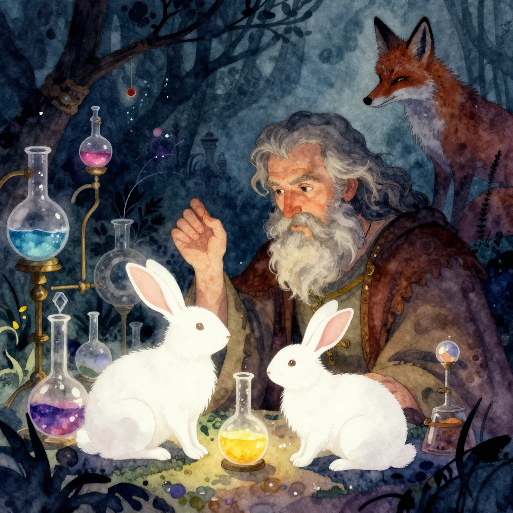 An old alchemist with a long beard, surrounded by bubbling f...