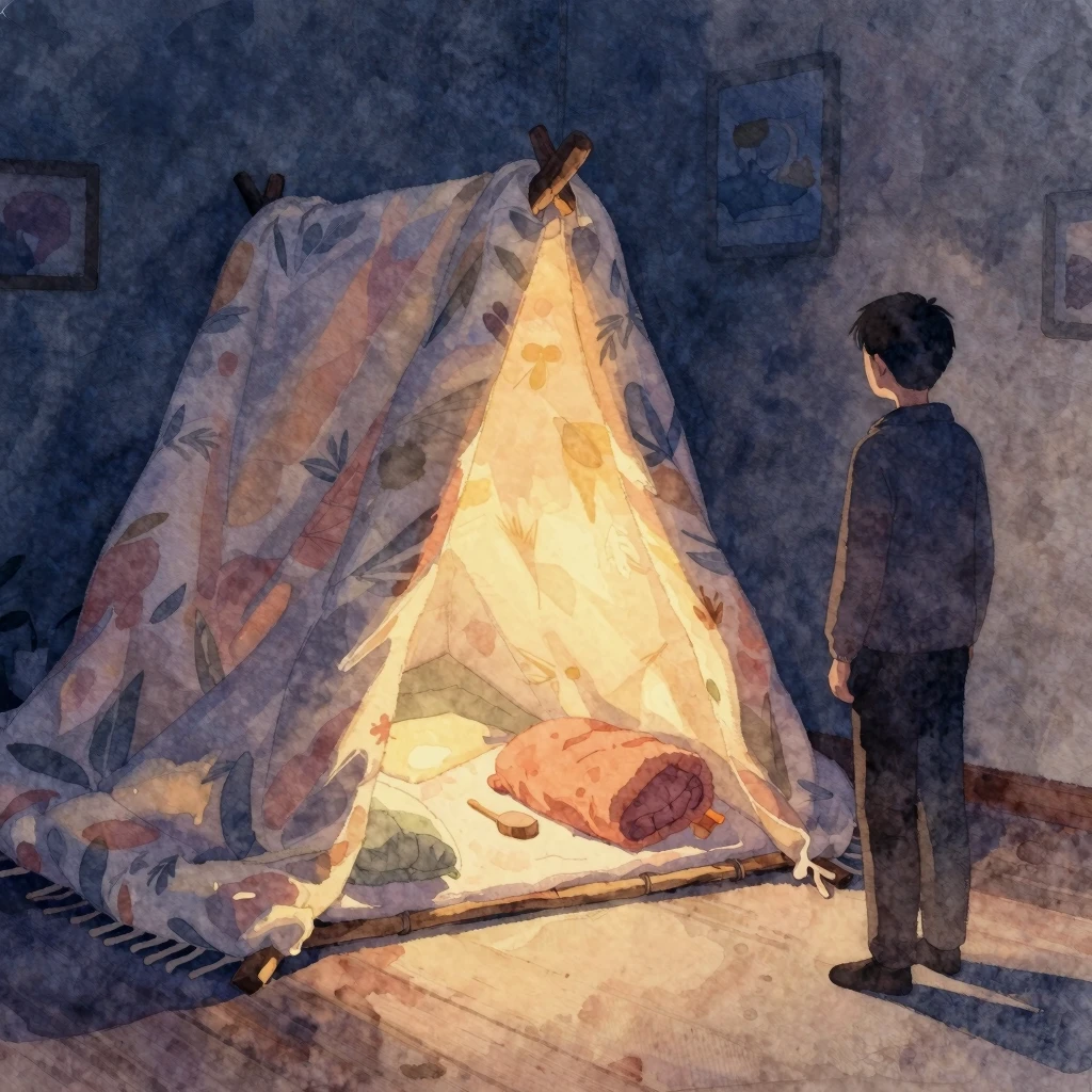 Vibrant watercolor illustration of a cozy, warm blanket fort...