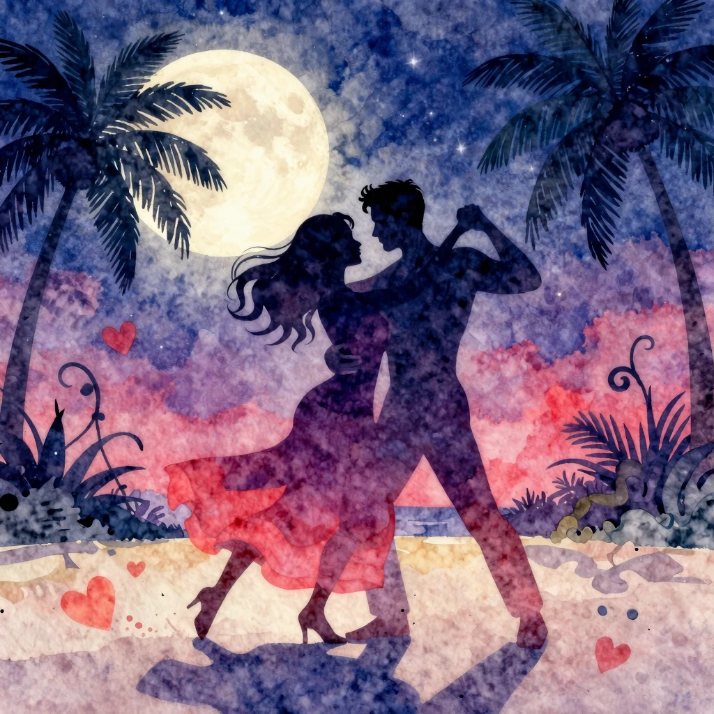 Vibrant watercolor style. Tropical night scene, silhouette o...