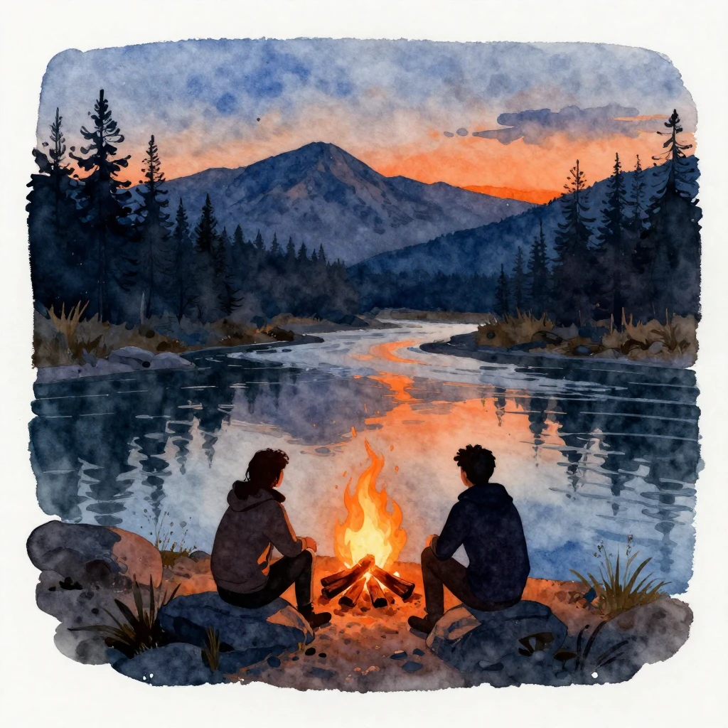 Watercolor painting of two people in silhouette sitting clos...