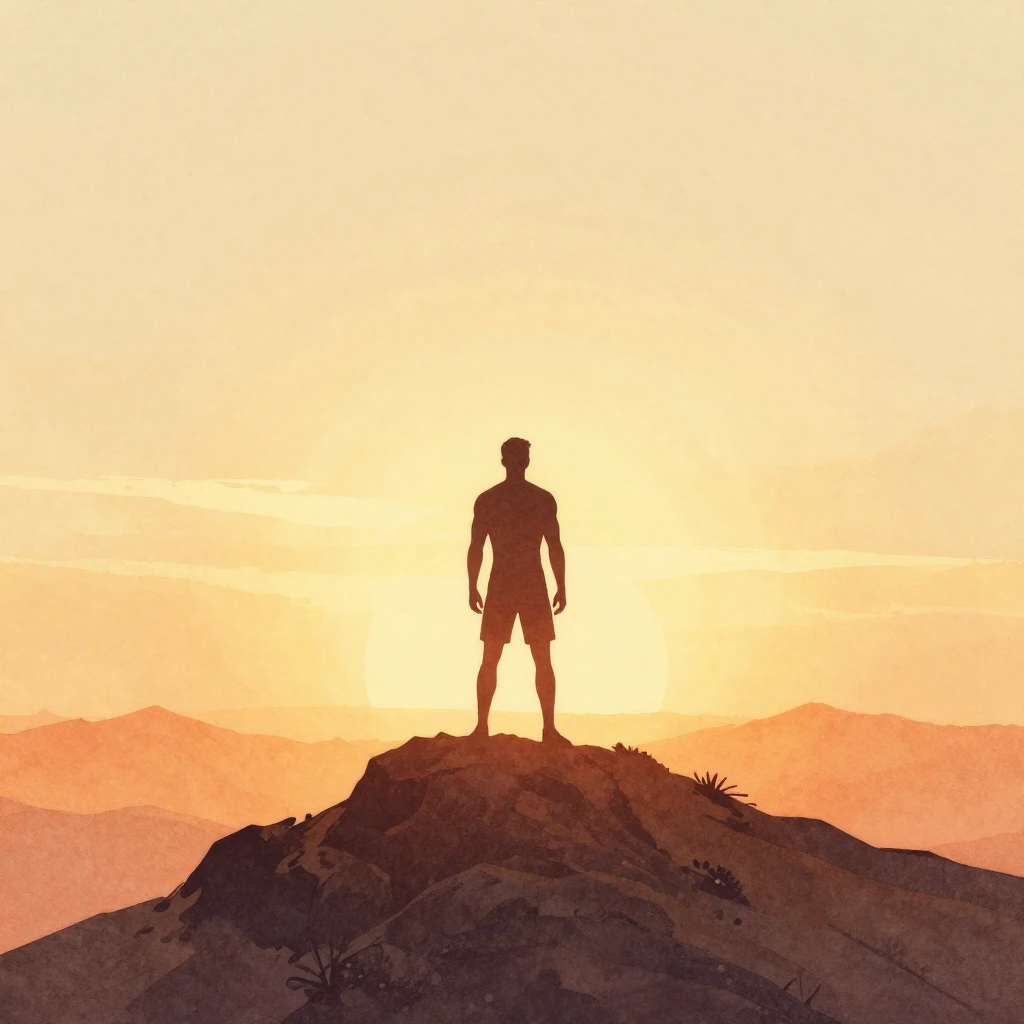 A silhouette of a strong man standing on a mountain peak, lo...