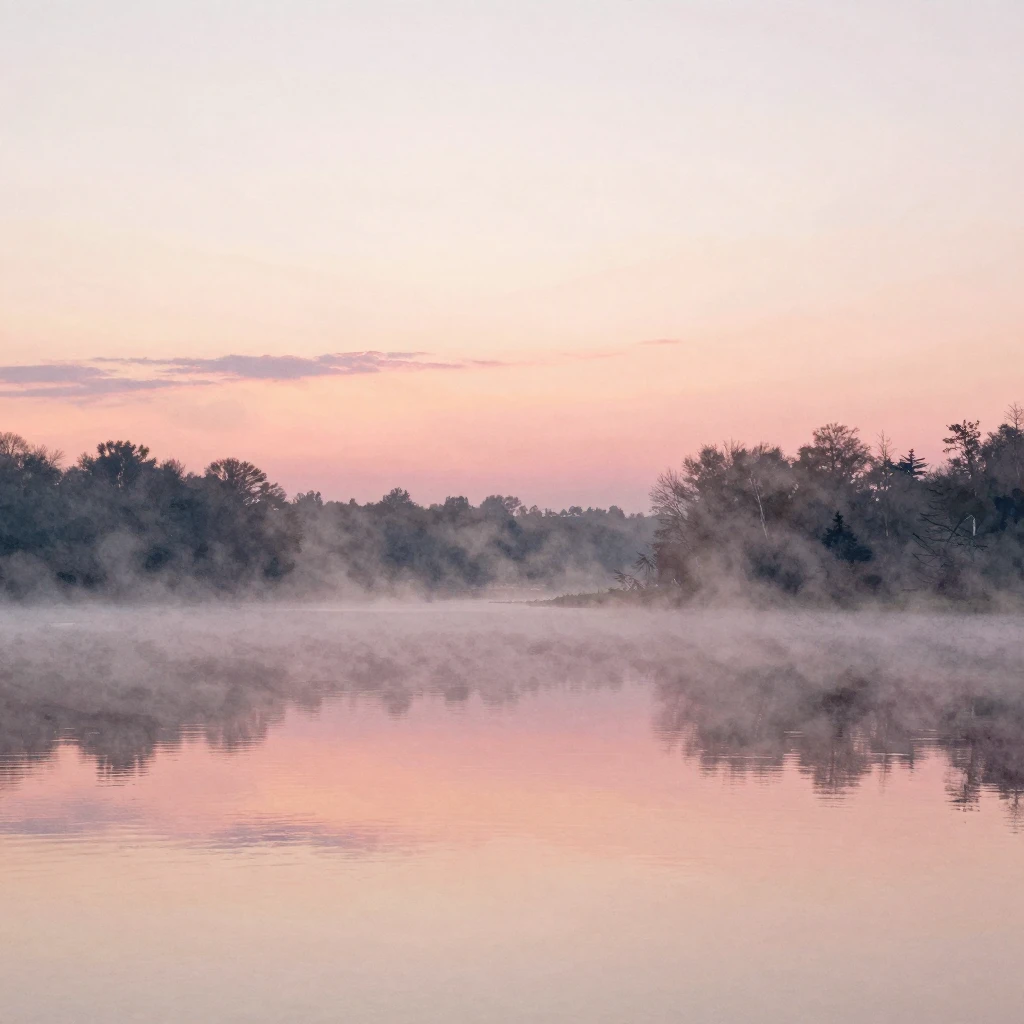 A watercolor painting of a quiet lake at dawn, with mist ris...