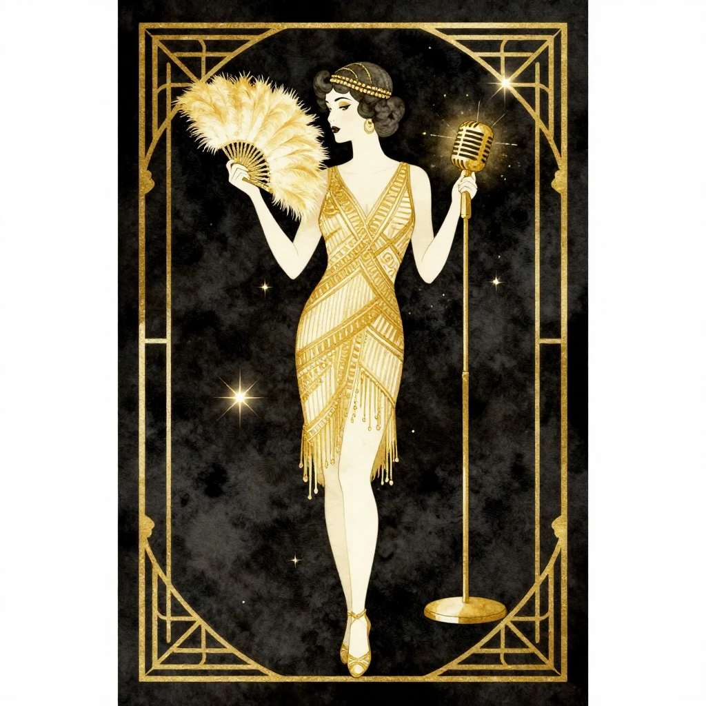 Art Deco style poster, elegant silhouette of a woman in a fl...