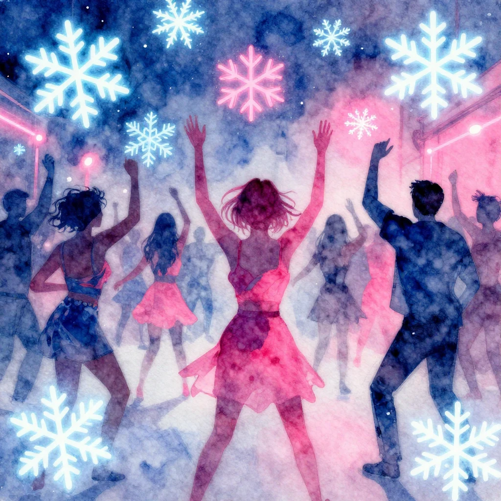 A vibrant watercolor painting of a winter rave, featuring ne...