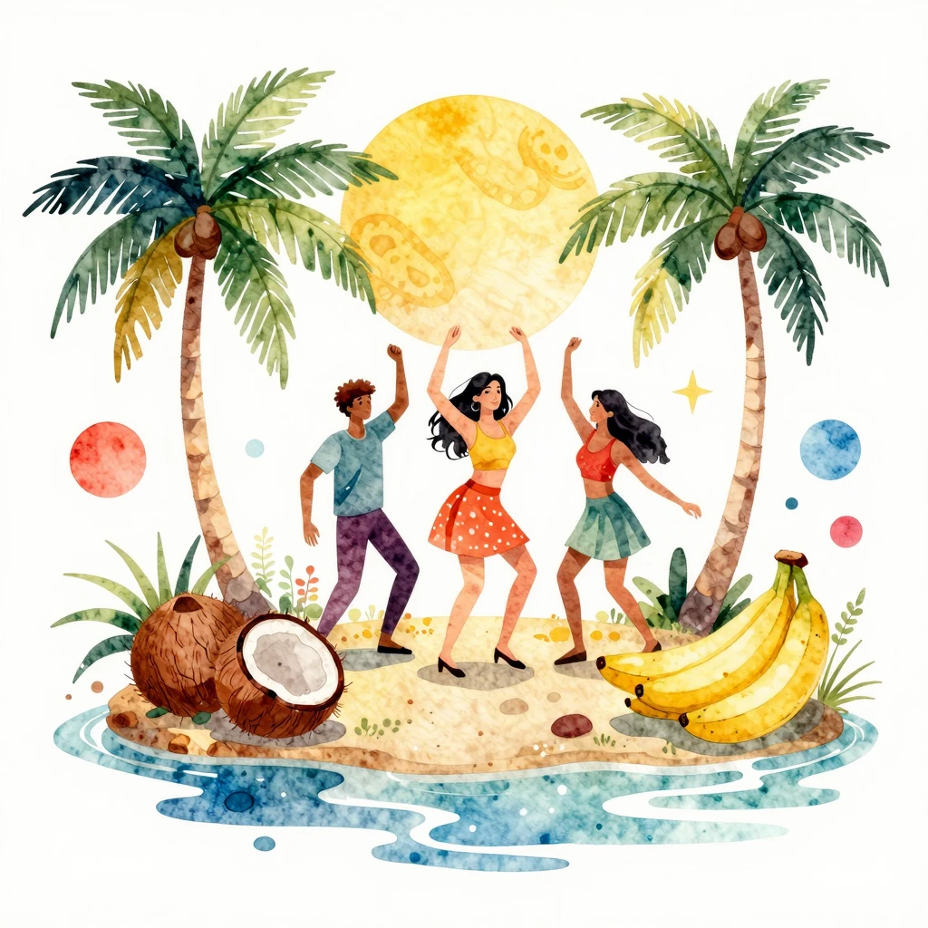 Vibrant watercolor style. Indian disco island, tropical para...