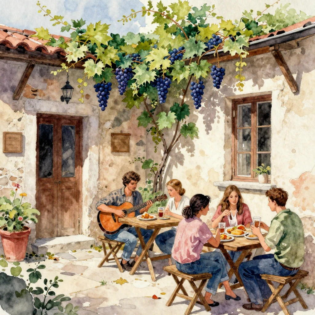 A vibrant watercolor painting of a cozy, lively Odessa court...