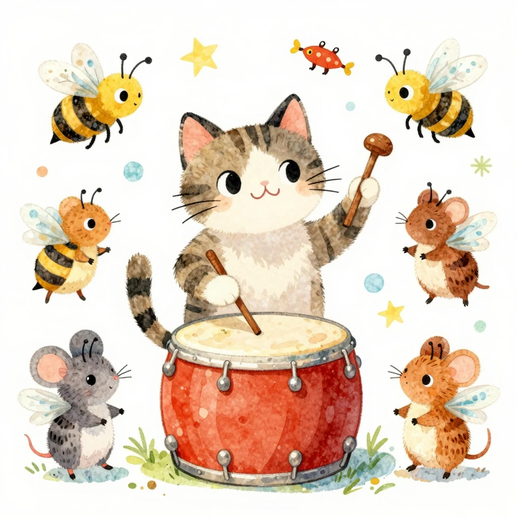 A whimsical illustration in watercolor style featuring a cat...