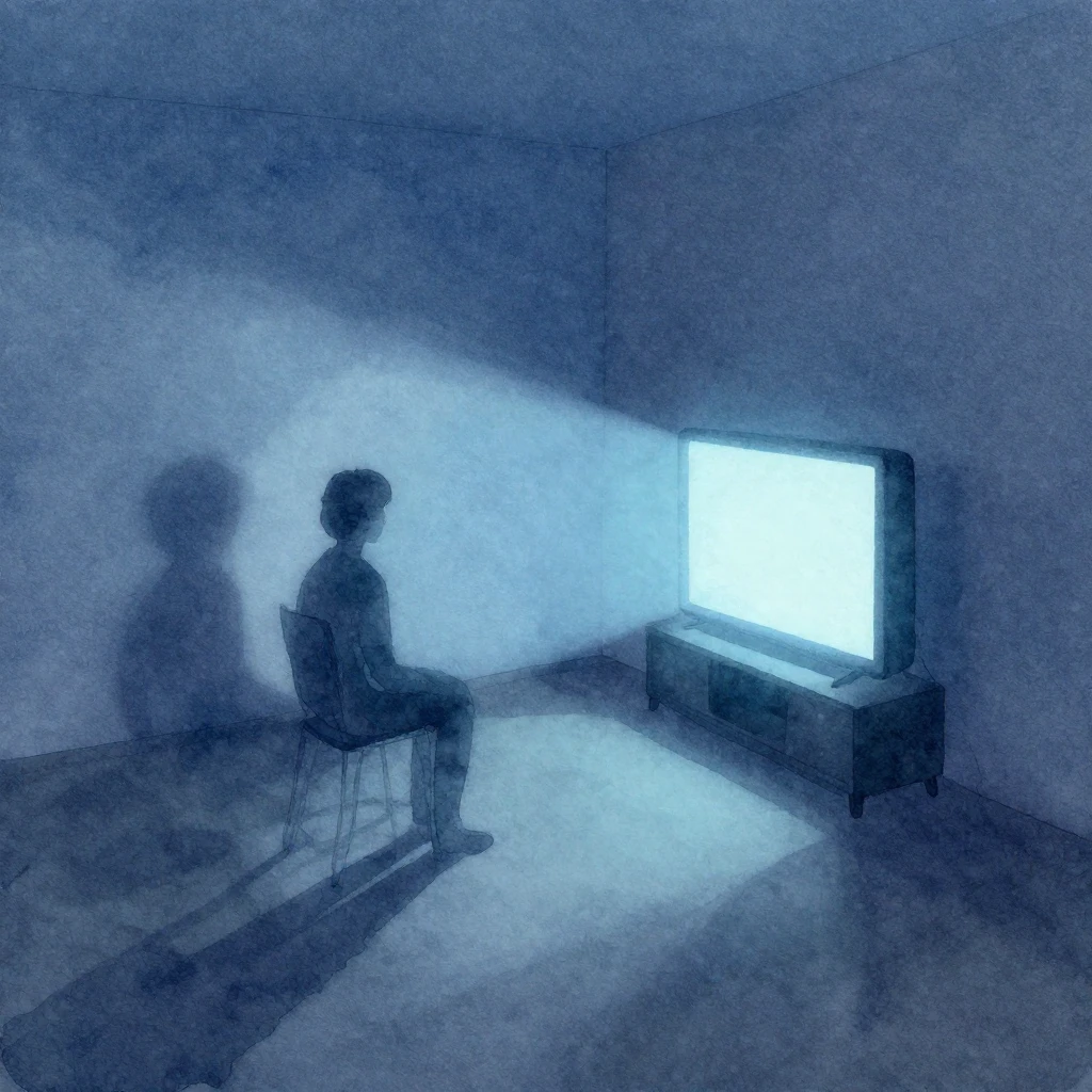 A minimalist watercolor painting of a room at night, with a ...