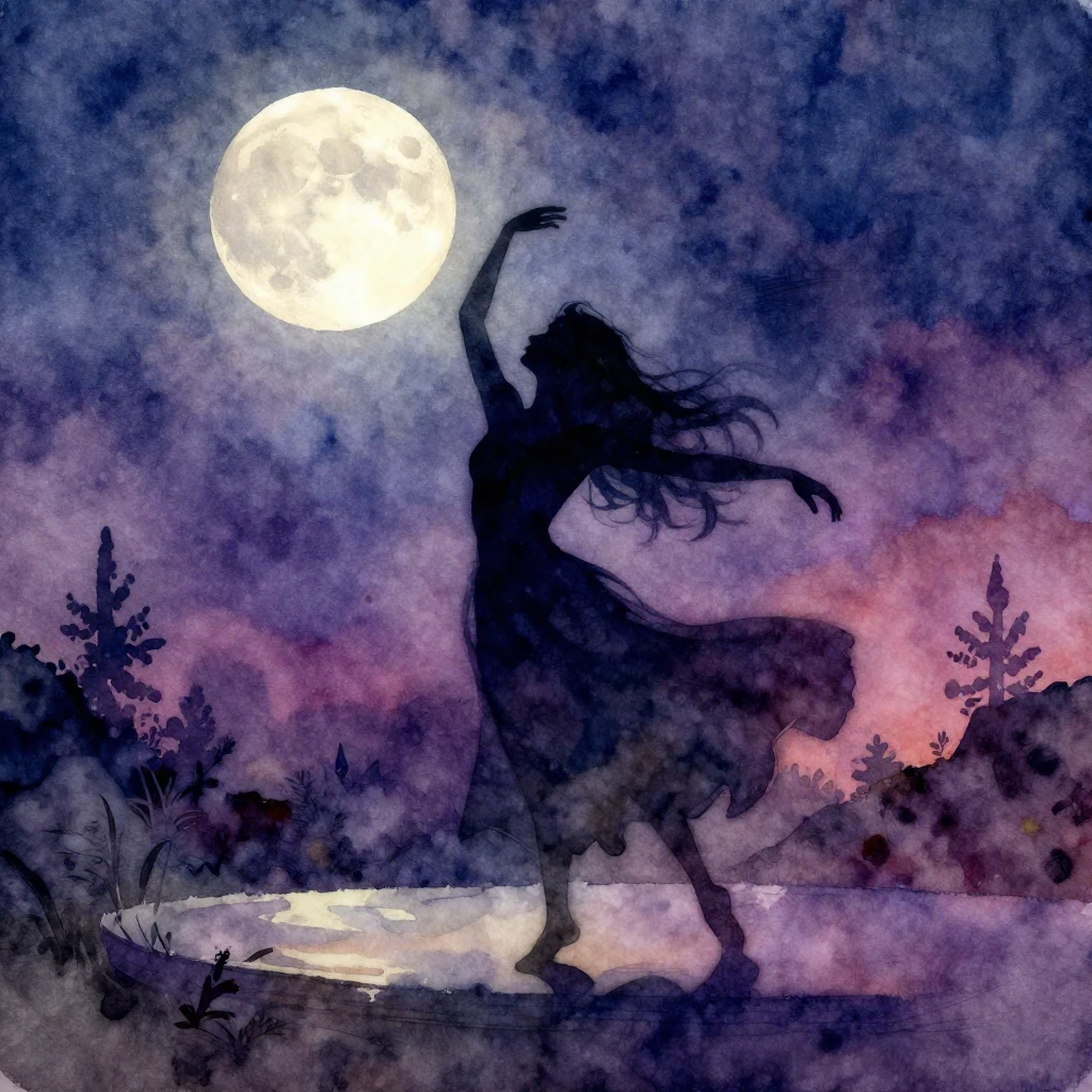 Vibrant watercolor style. A mysterious silhouette dancing un...