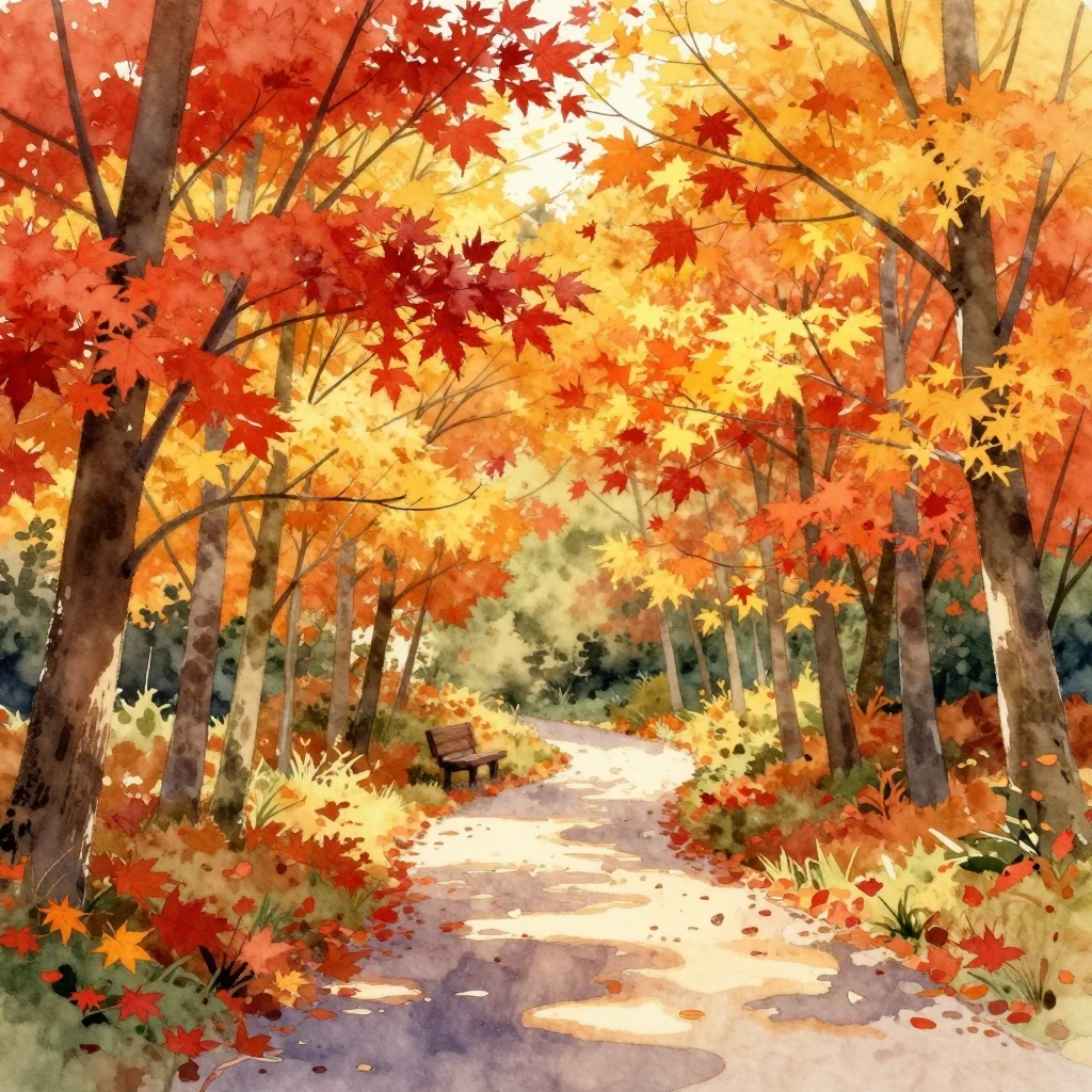 A watercolor illustration of a scenic autumn landscape with ...