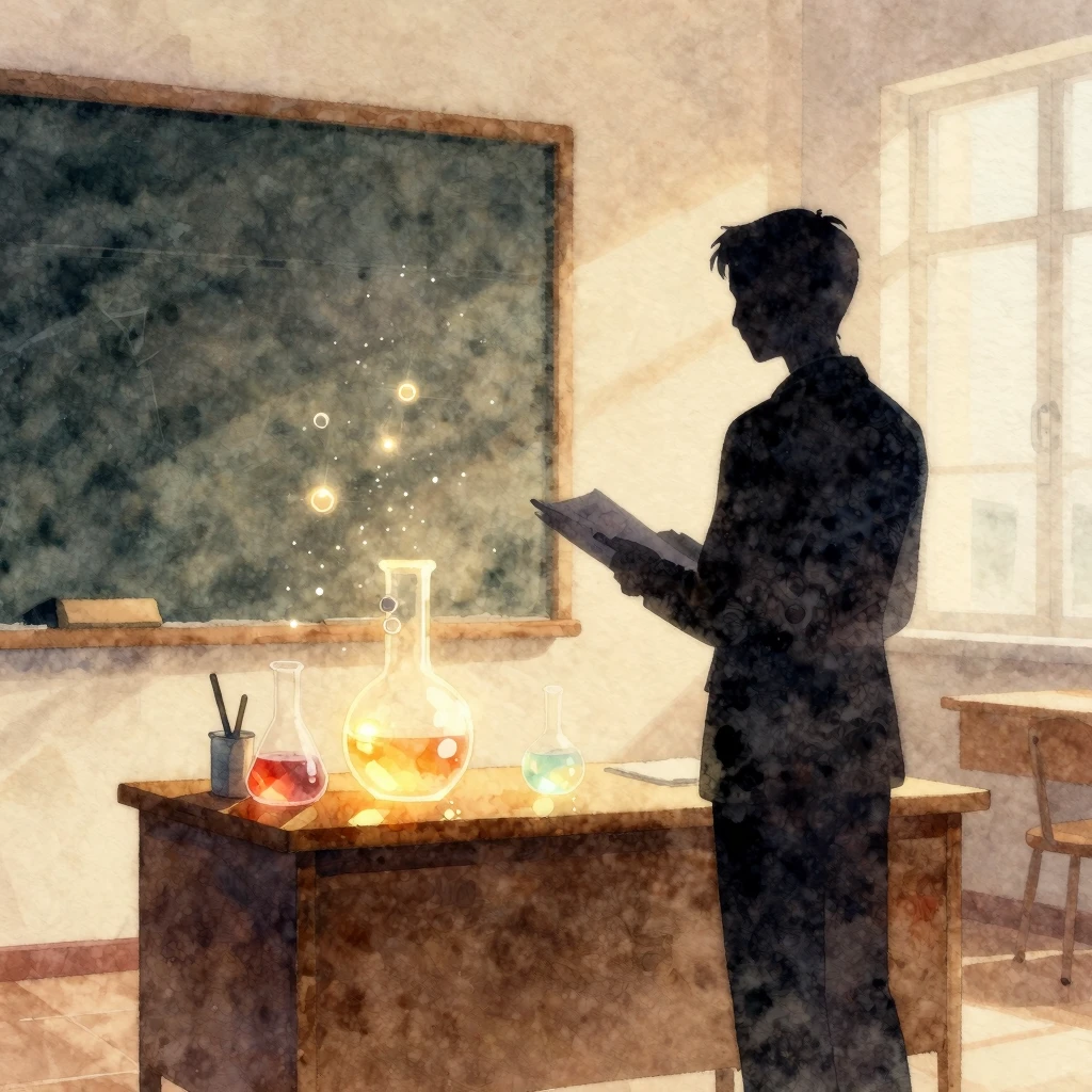 Watercolor style. Silhouette of a teacher standing by a desk...