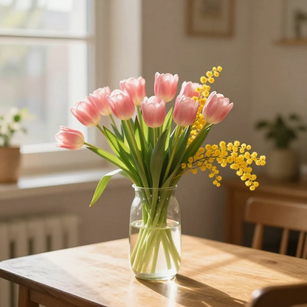 A cozy home interior decorated for spring. A wooden table ho...