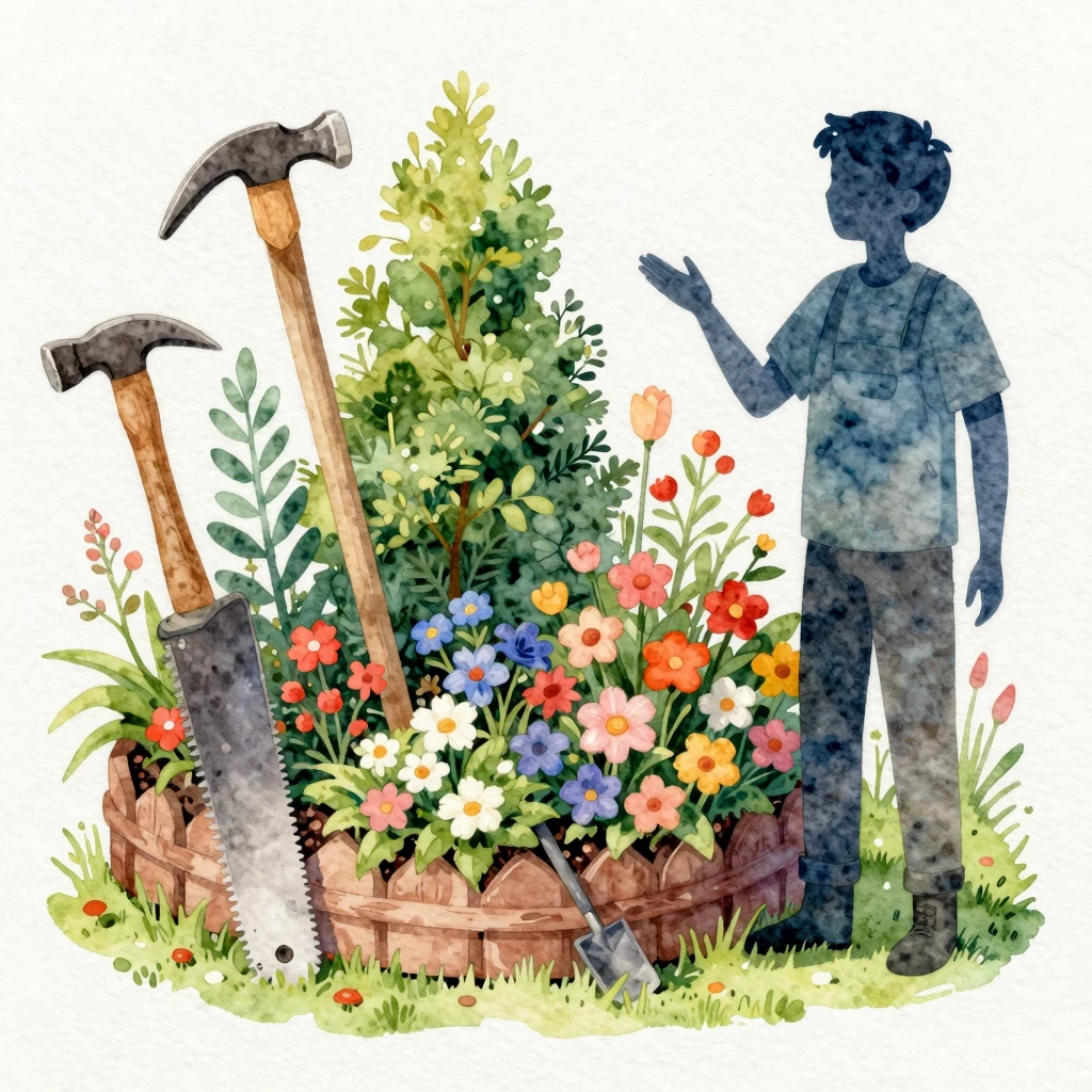 Vibrant watercolor illustration of a cozy, well-maintained d...